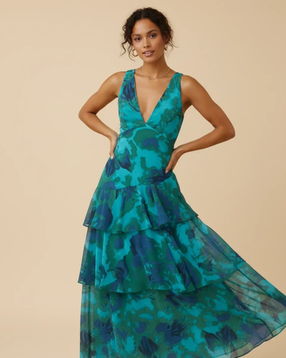 Abito lungo da donna senza maniche con stampa floreale e balze – Elegante stile estivo - immagine 3