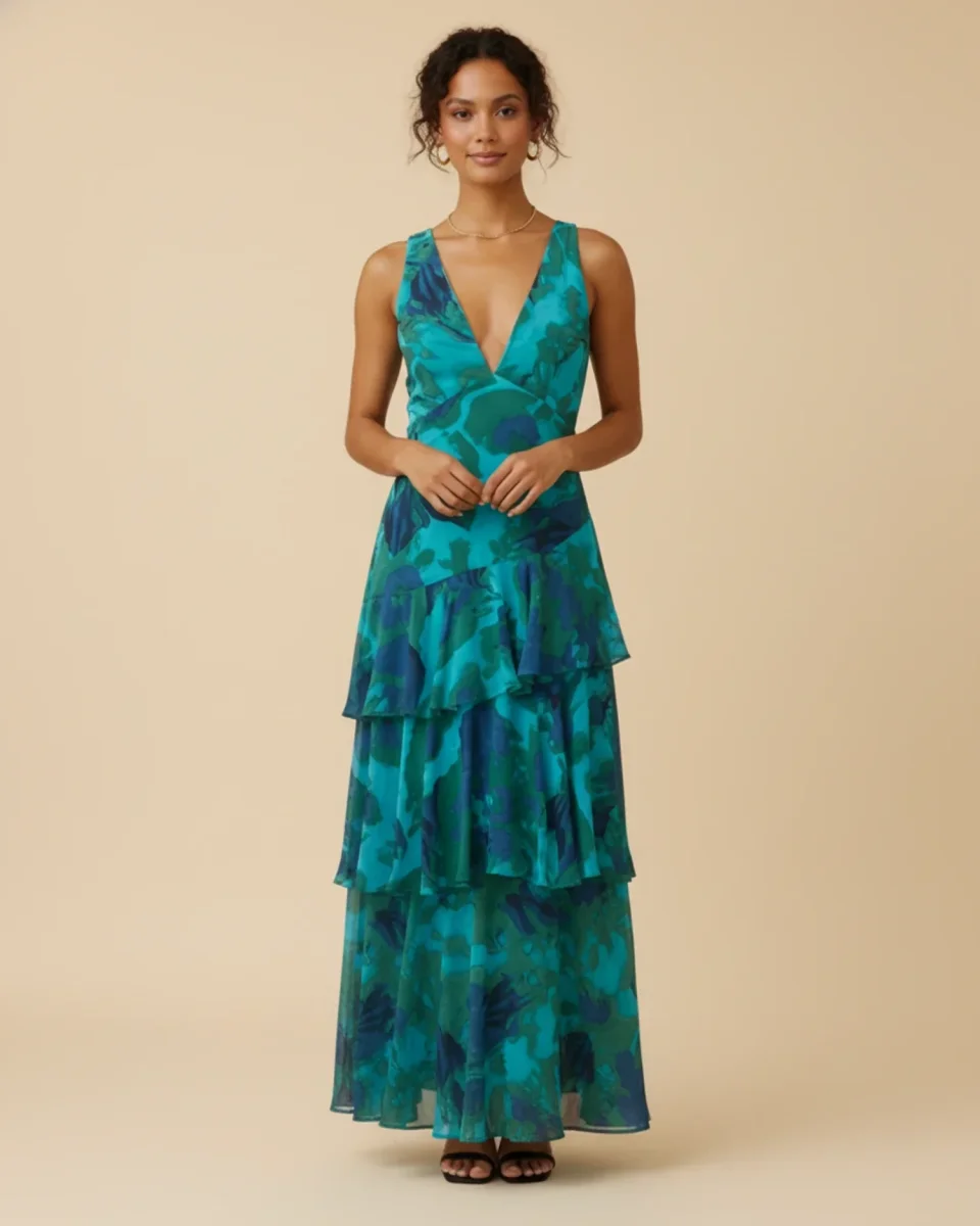 Abito lungo da donna senza maniche con stampa floreale e balze – Elegante stile estivo - immagine 4